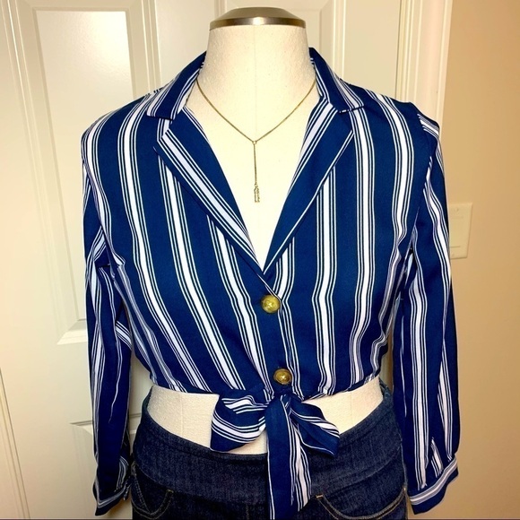 Moon Orchid button down tied front striped blouse - Picture 1 of 13